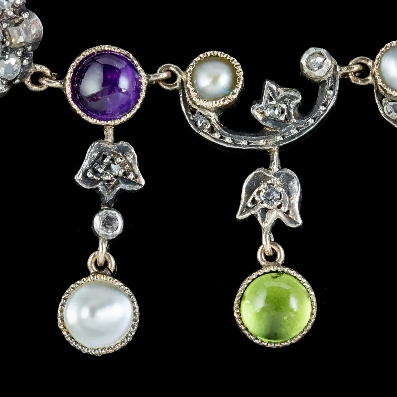 Edwardian Suffragette Garland Necklace Diamond Pearl Amethyst Peridot Silver Circa 1915