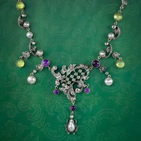 Edwardian Suffragette Garland Necklace Diamond Pearl Amethyst Peridot Silver Circa 1915