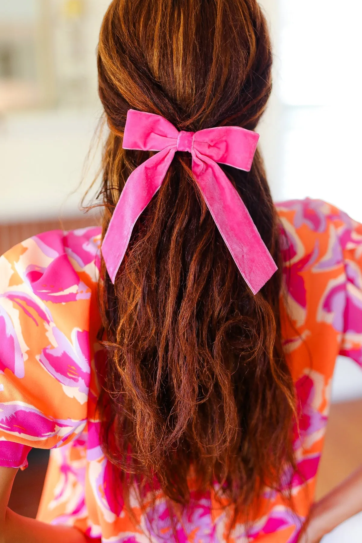 Electric Pink Velvet Barrette Clip Bow