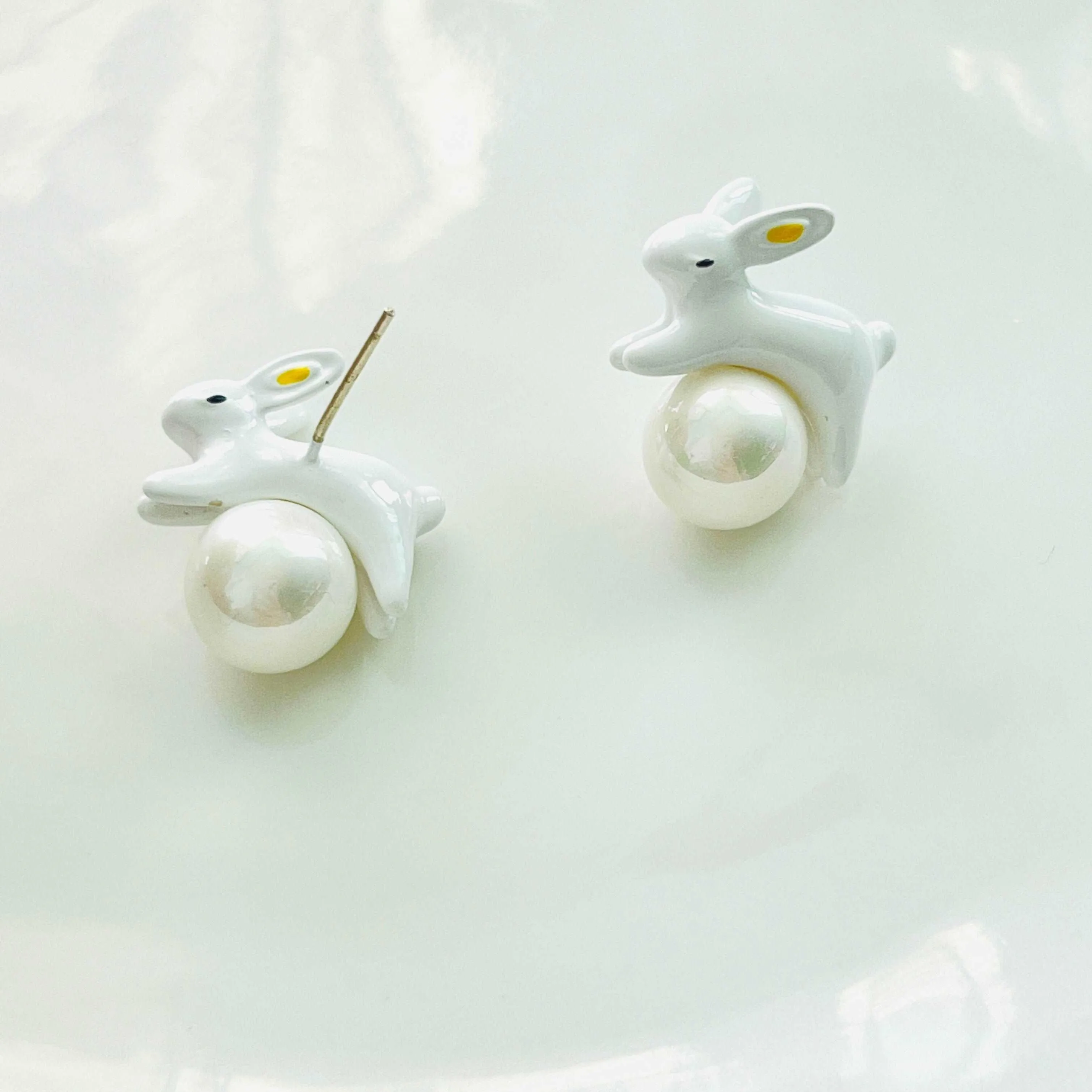 Enamel White Rabbit Pearl Stud Earrings ( Low Inventory Back in Stock)