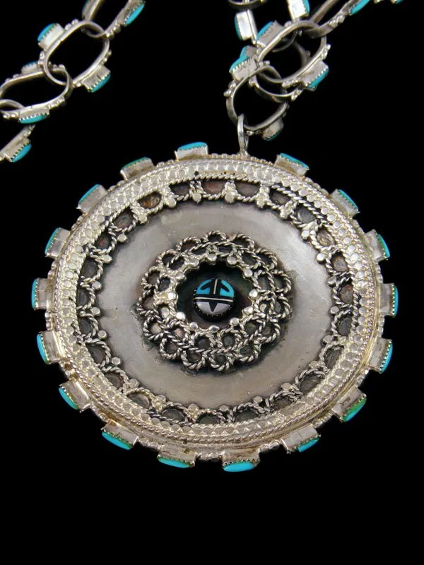 Estate Native Jewelry Sterling Silver Turquoise Reversible Pendant