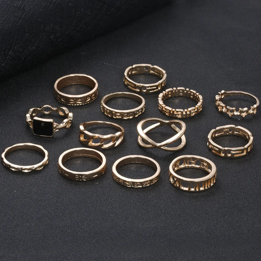 European and American Style Exaggerated Punk Style Metal Ring, Star Black Ring, 13 Piece Set