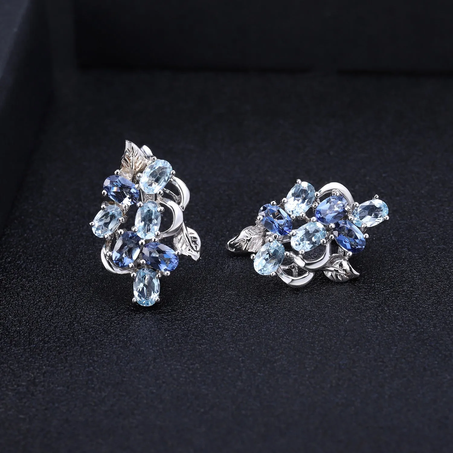 European Vintage Style Inlaid Natural Topaz Flower Garden Design Silver Studs Earrings for Women