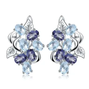 European Vintage Style Inlaid Natural Topaz Flower Garden Design Silver Studs Earrings for Women