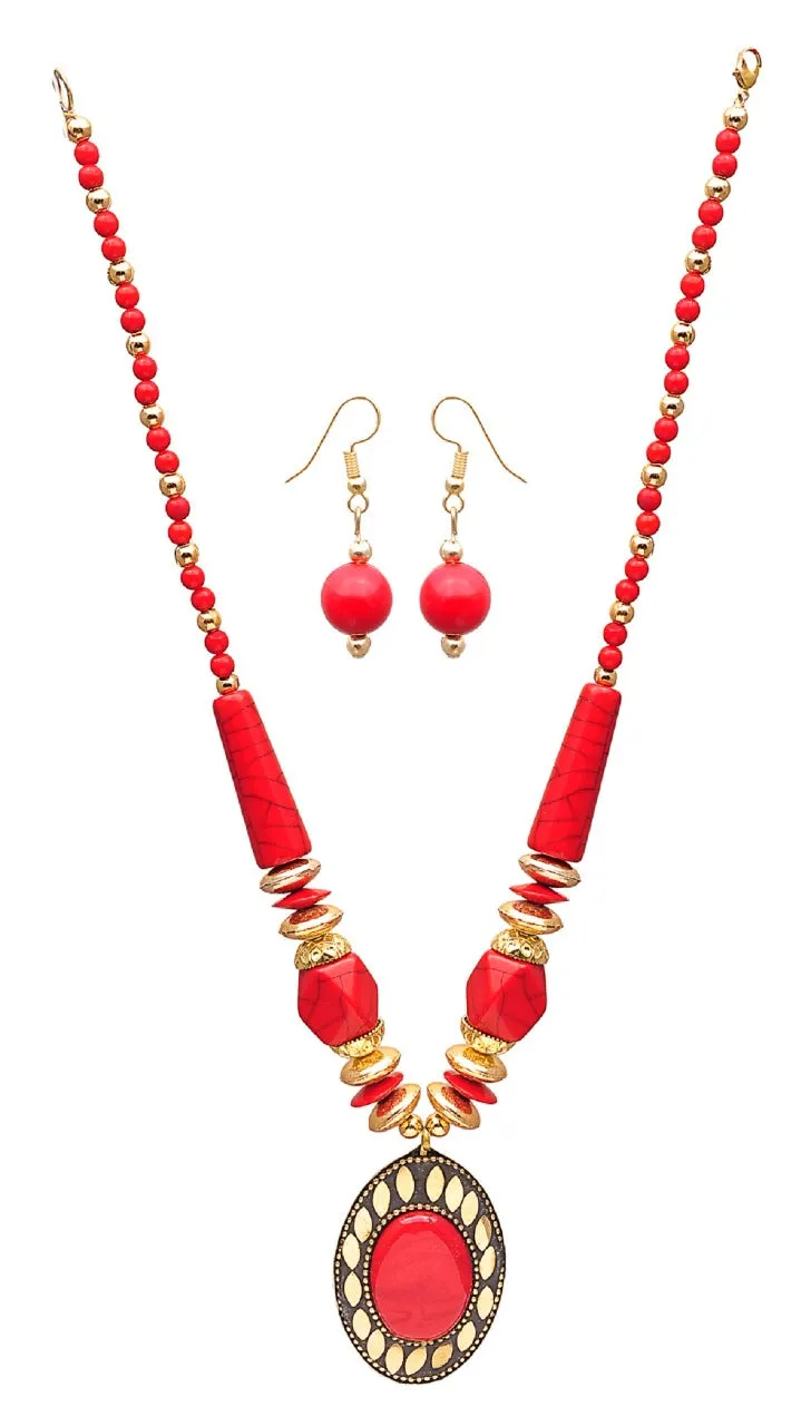 Fancy Red And Golden Pearl Combination Necklece with Earrings for Women and Girls