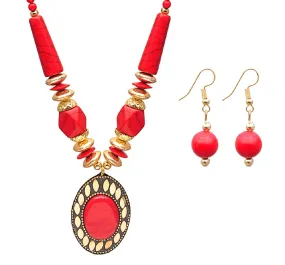 Fancy Red And Golden Pearl Combination Necklece with Earrings for Women and Girls