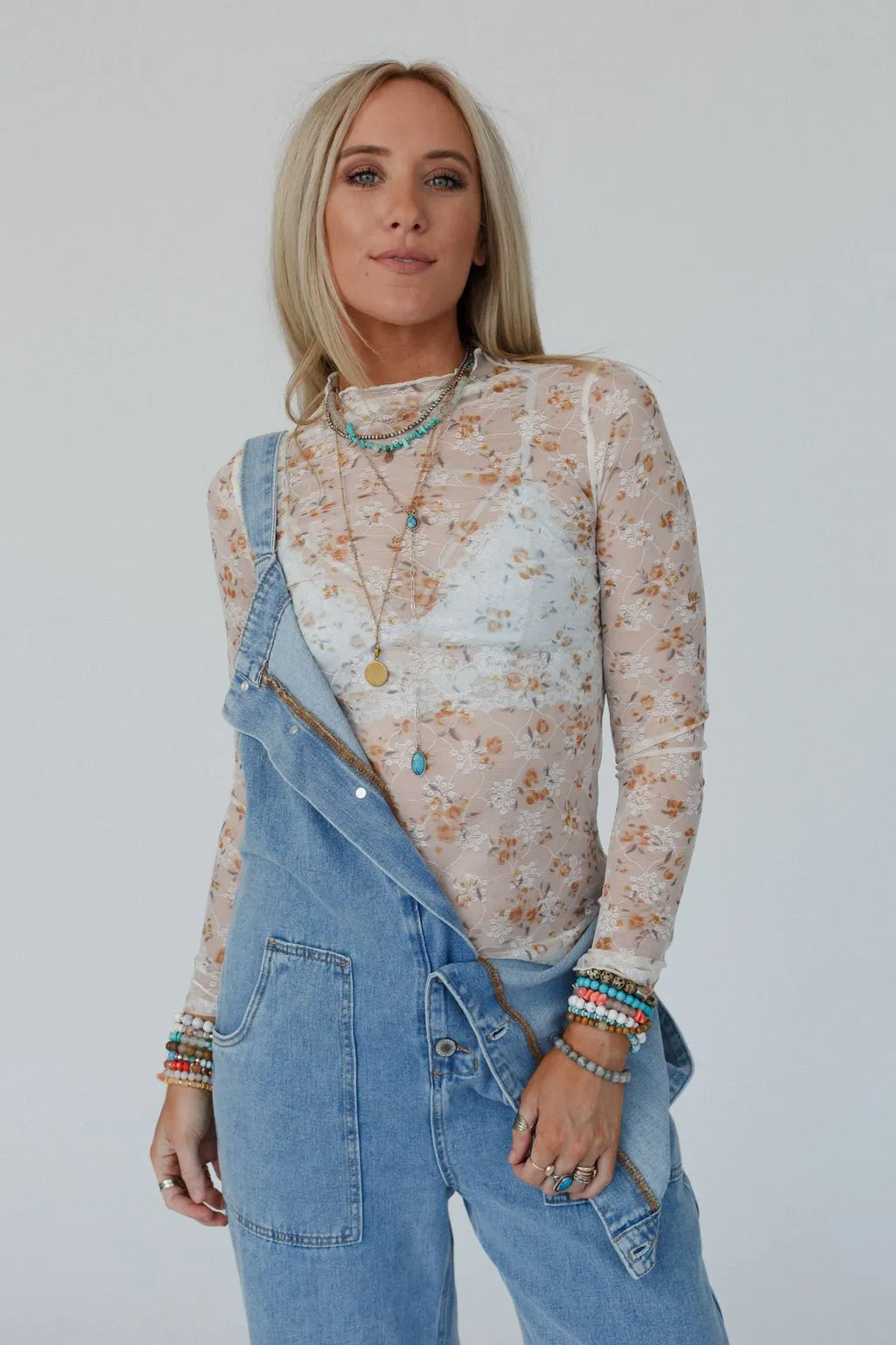 Floral Bouquet Lace Mesh Top - Apricot