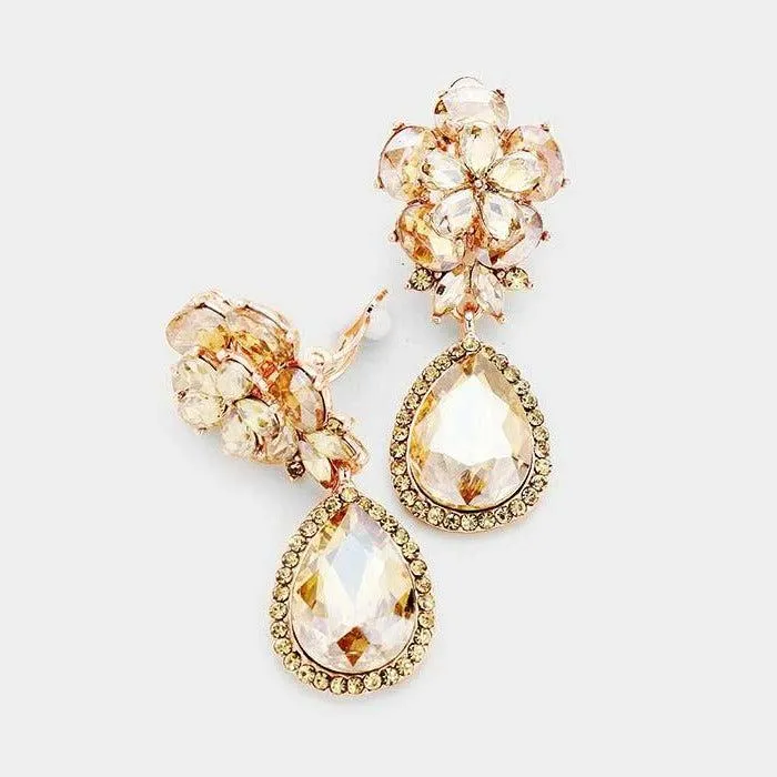 Flower Lt Topaz Crystal Teardrop Dangle Clip on Earrings