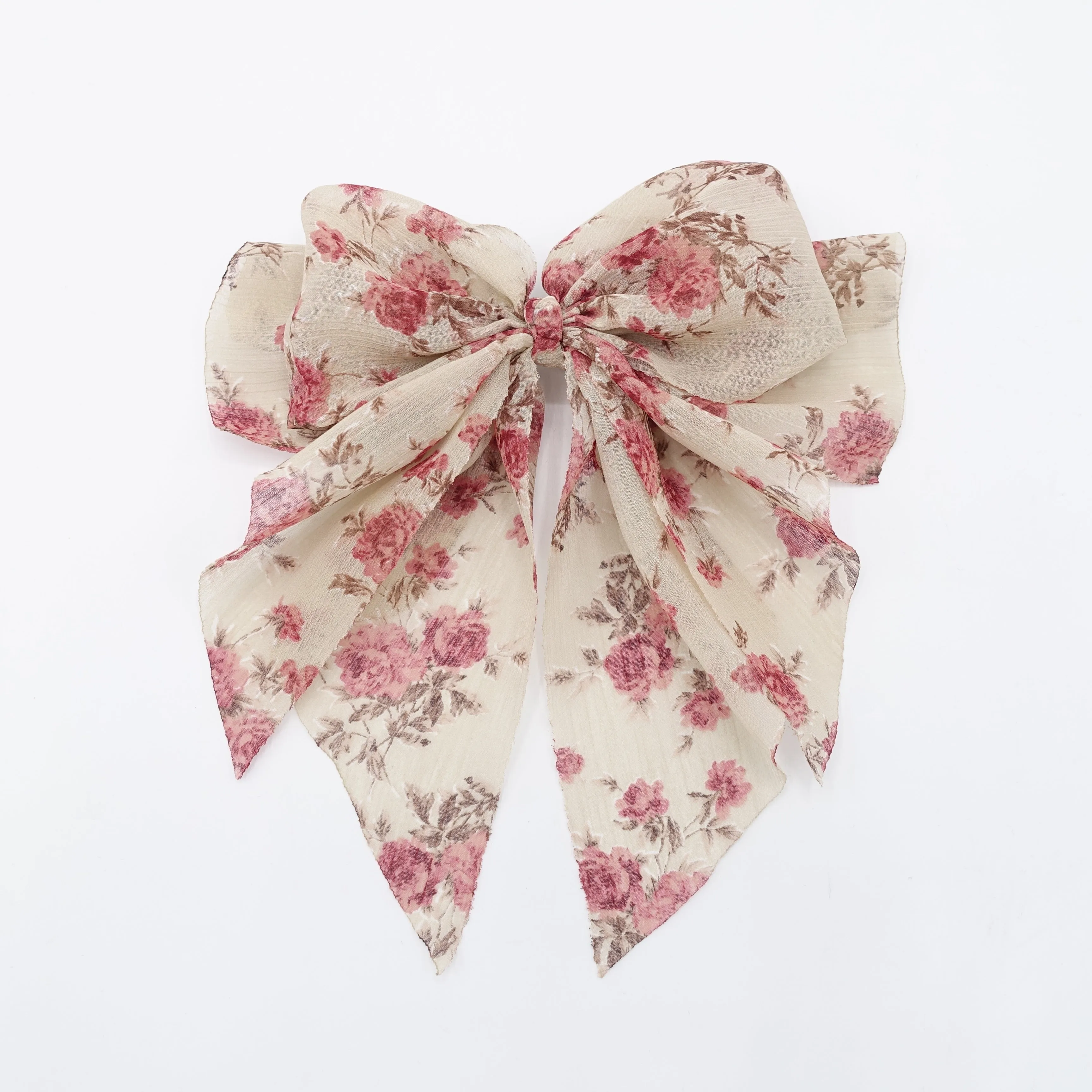 flower print hair bow thin Sping new hair bow floral chiffon bow double layered tail bow hair barrette for women