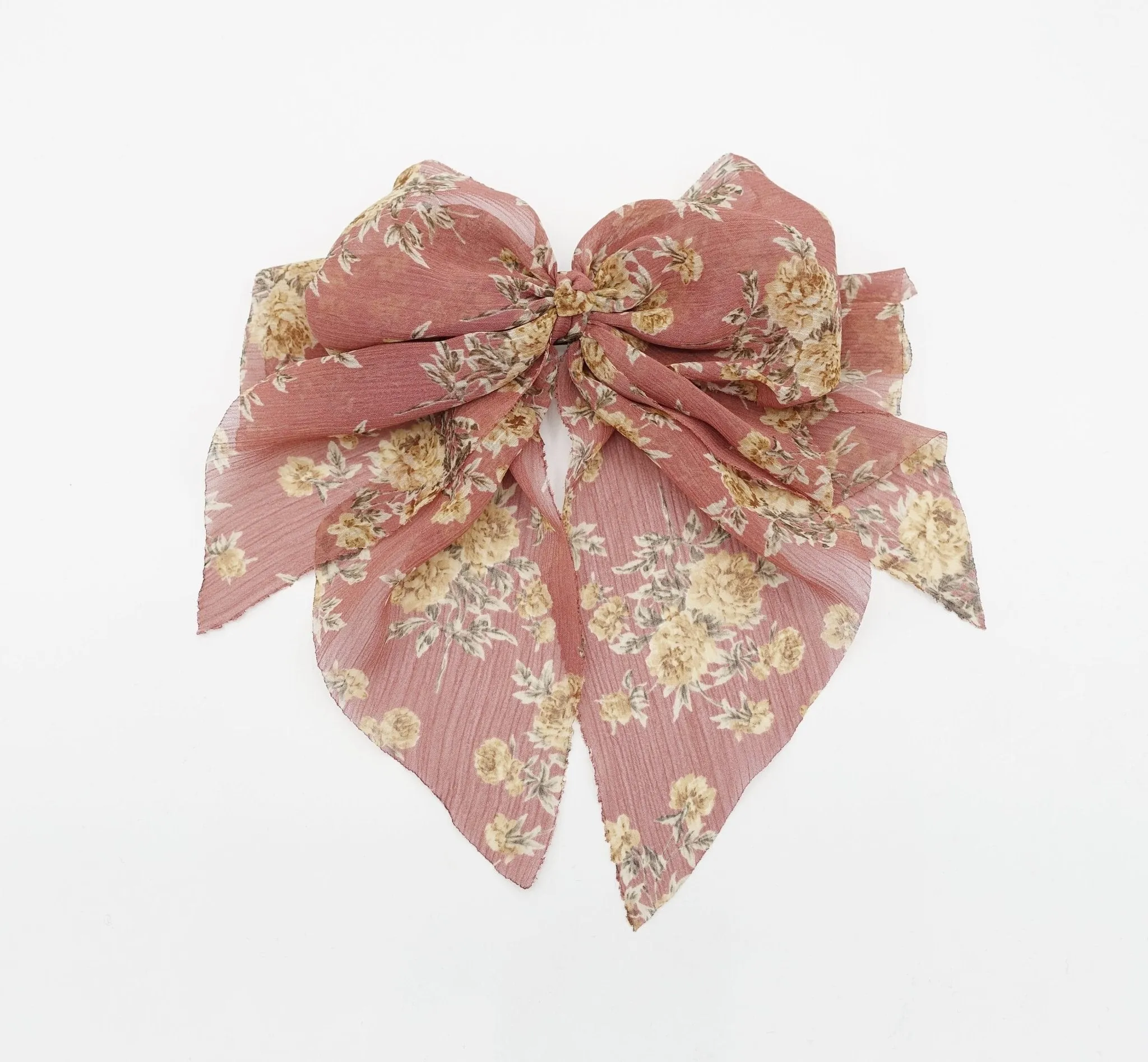 flower print hair bow thin Sping new hair bow floral chiffon bow double layered tail bow hair barrette for women