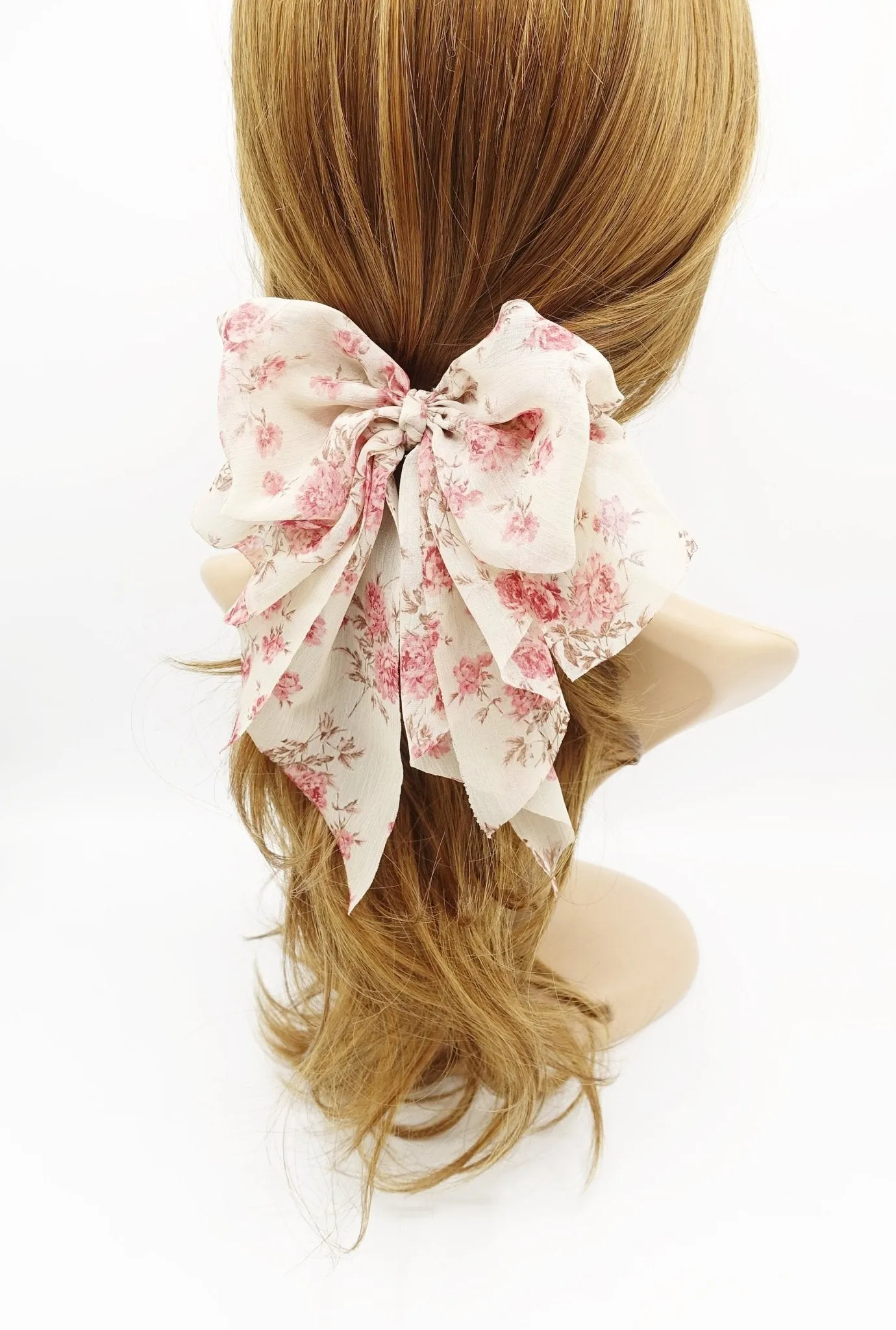 flower print hair bow thin Sping new hair bow floral chiffon bow double layered tail bow hair barrette for women