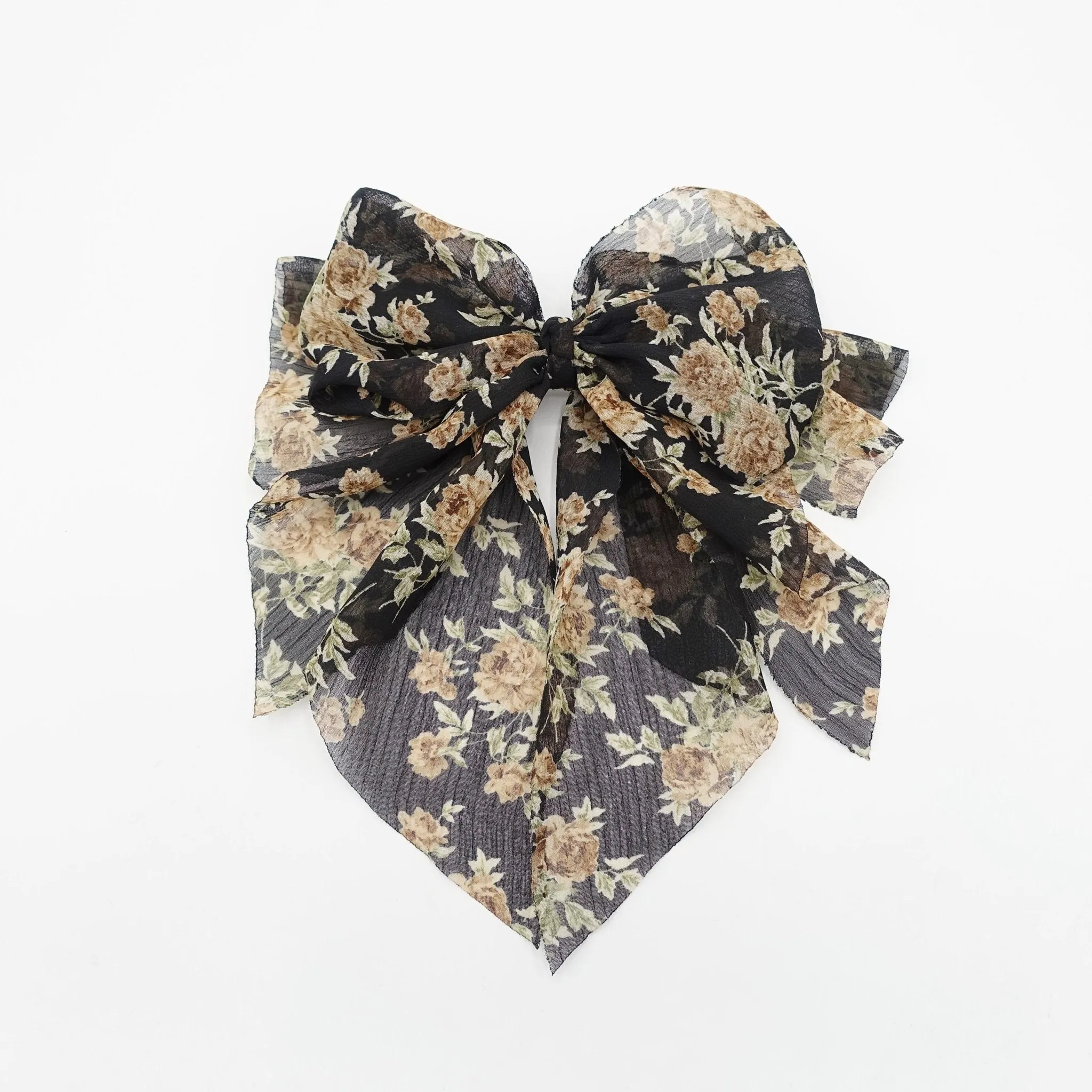 flower print hair bow thin Sping new hair bow floral chiffon bow double layered tail bow hair barrette for women