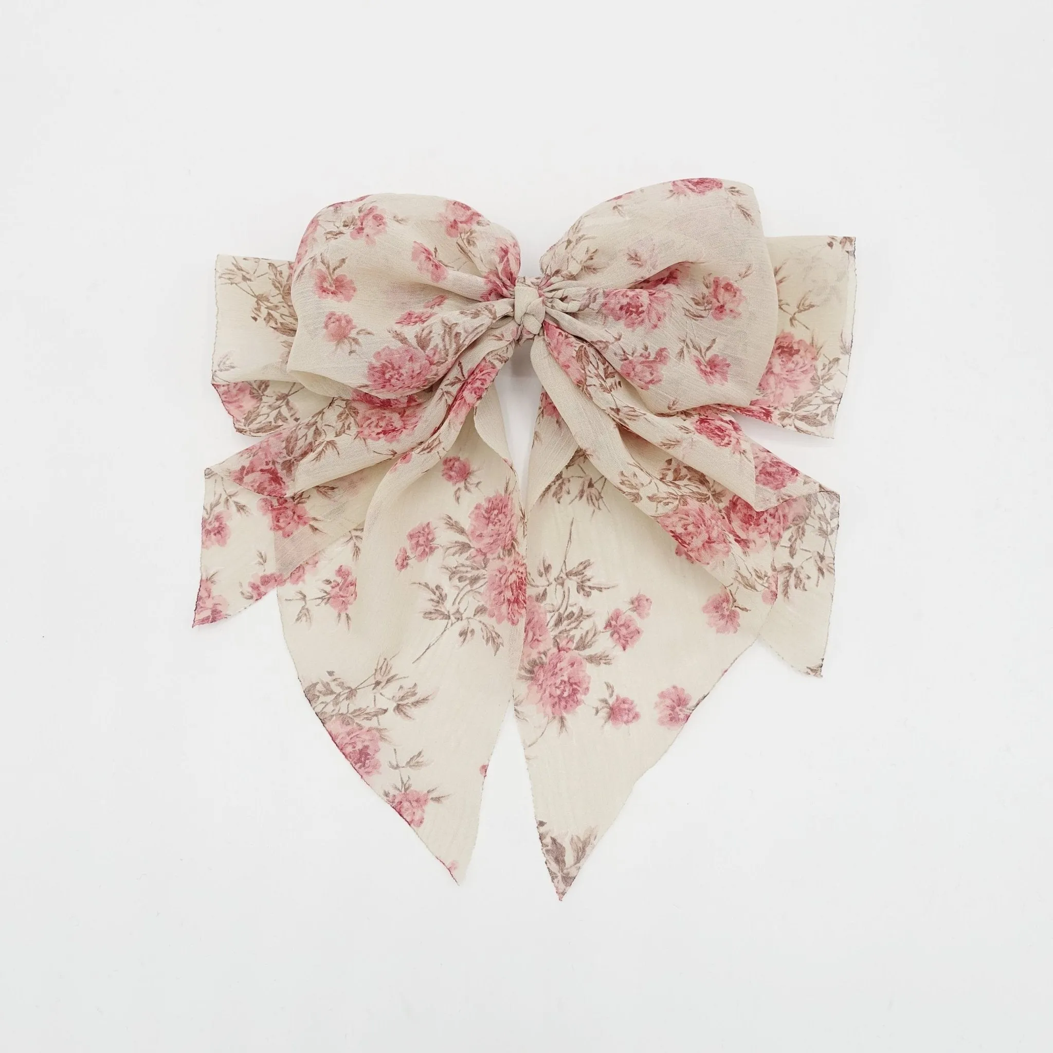 flower print hair bow thin Sping new hair bow floral chiffon bow double layered tail bow hair barrette for women