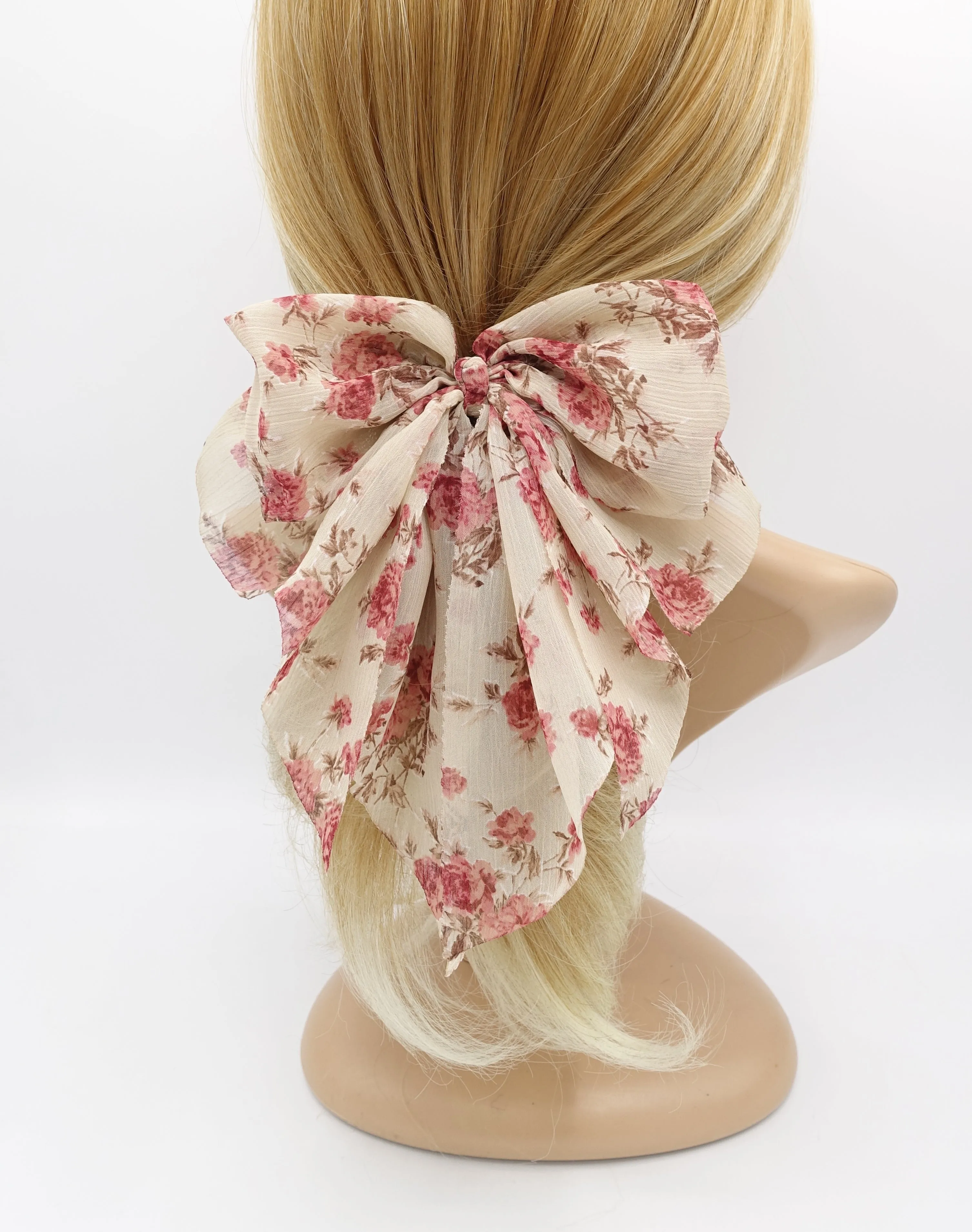 flower print hair bow thin Sping new hair bow floral chiffon bow double layered tail bow hair barrette for women