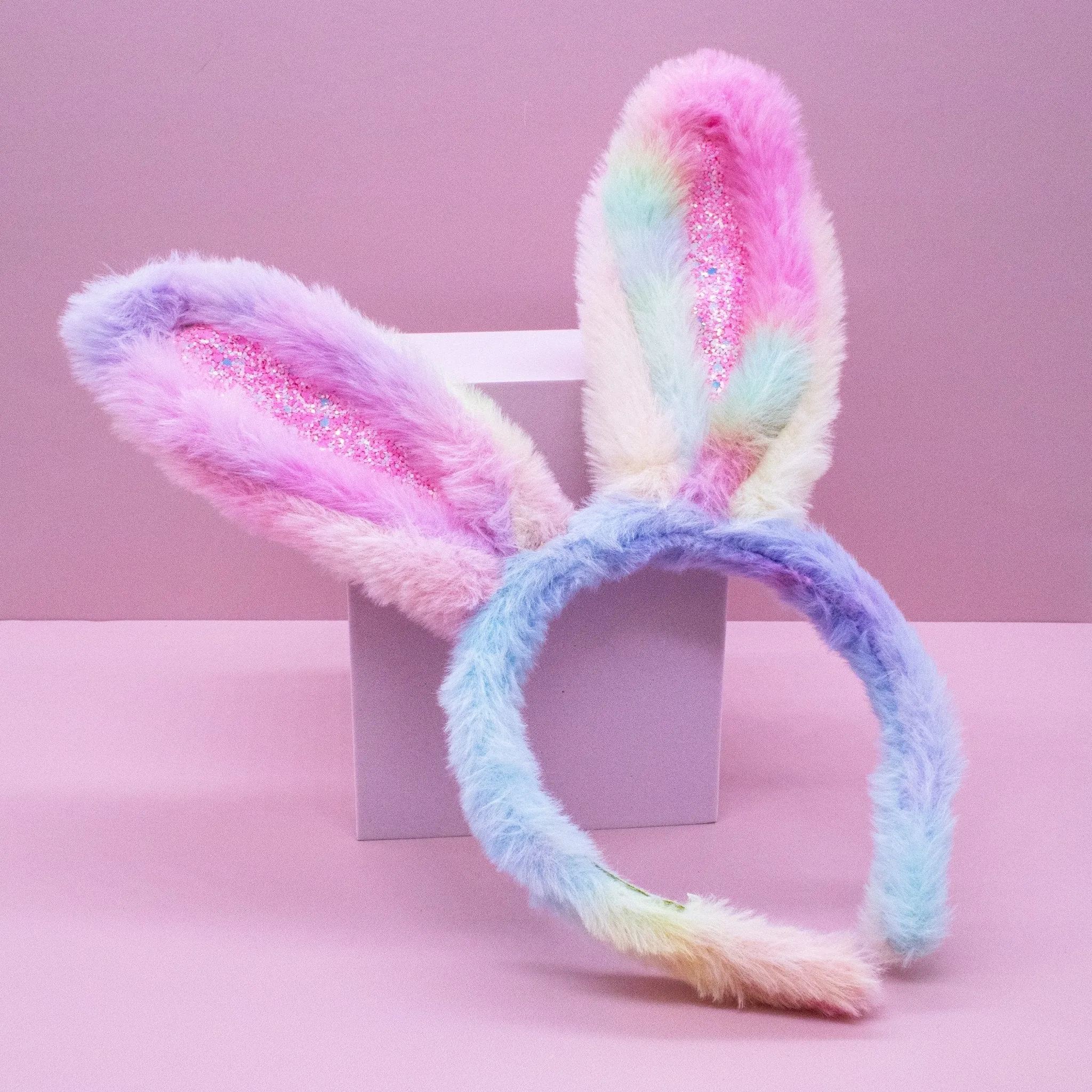 Fuzzy Rainbow Tie Dye Glitter Bunny Ears Easter Headband