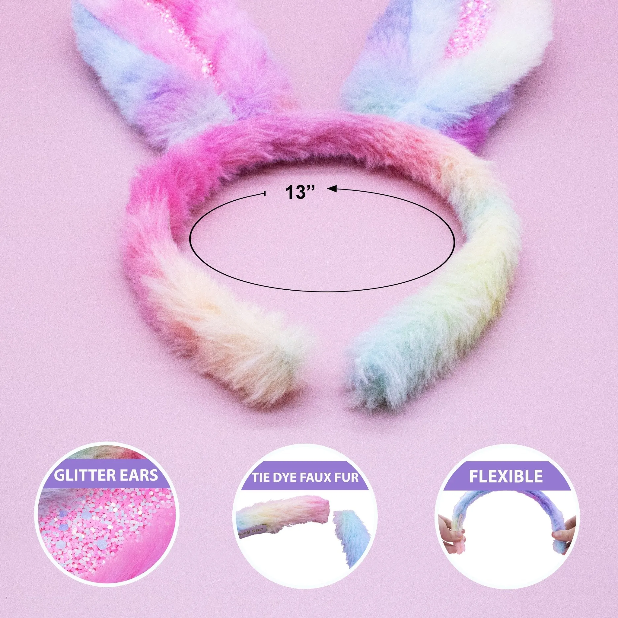 Fuzzy Rainbow Tie Dye Glitter Bunny Ears Easter Headband