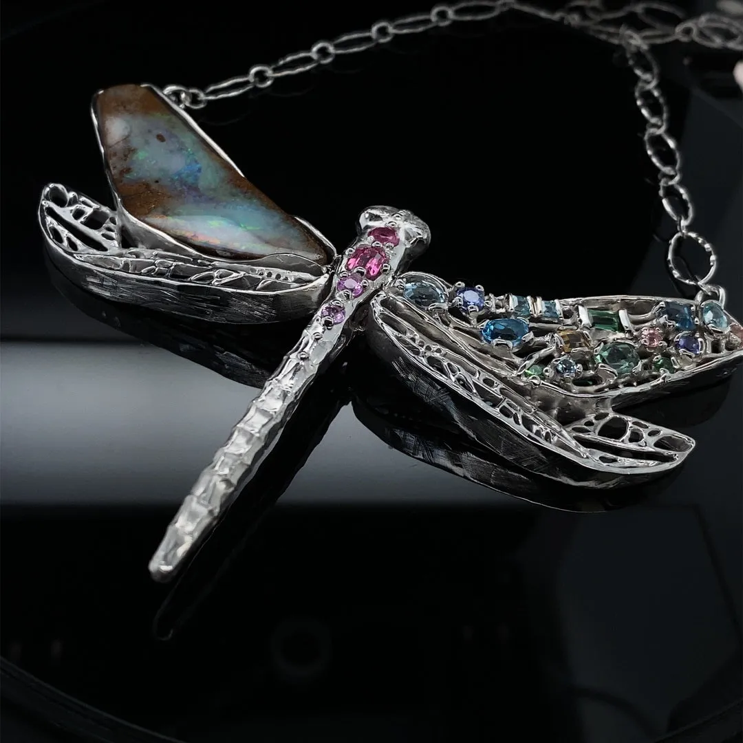 Gem and Opal Wings Dragonfly Necklace