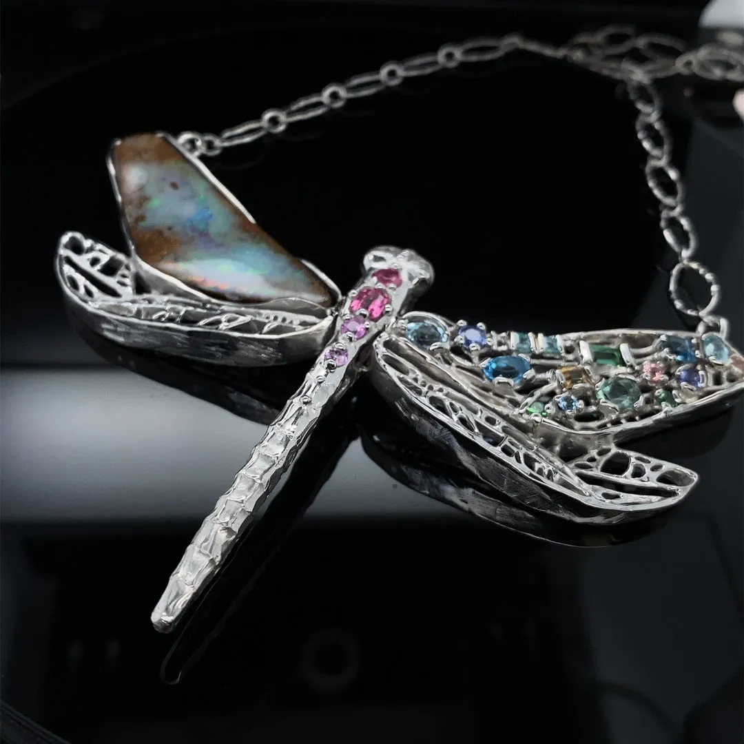 Gem and Opal Wings Dragonfly Necklace