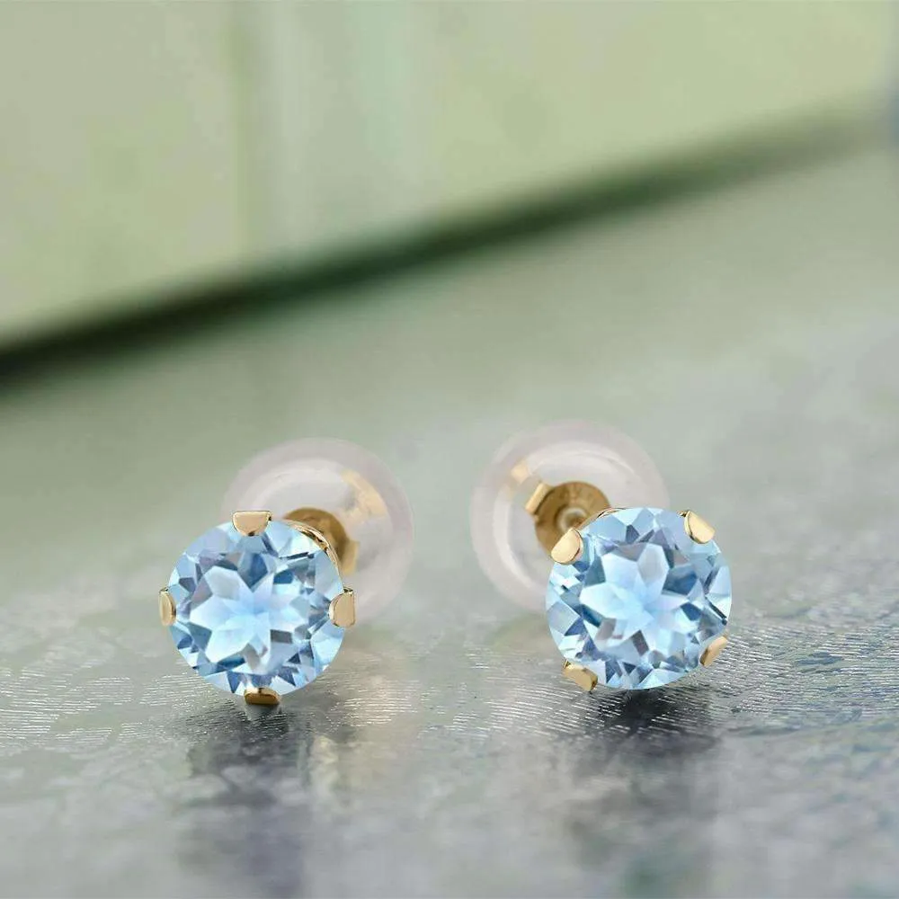 Genuine 1.20CTW Sky Blue Topaz 10K Yellow Gold IOBI Precious Gems Stud Earrings