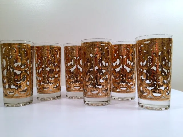 Georges Briard - Signed Mid-Century 22-Karat Gold Fleur-De-Lis Highball Glasses (Set of 6)