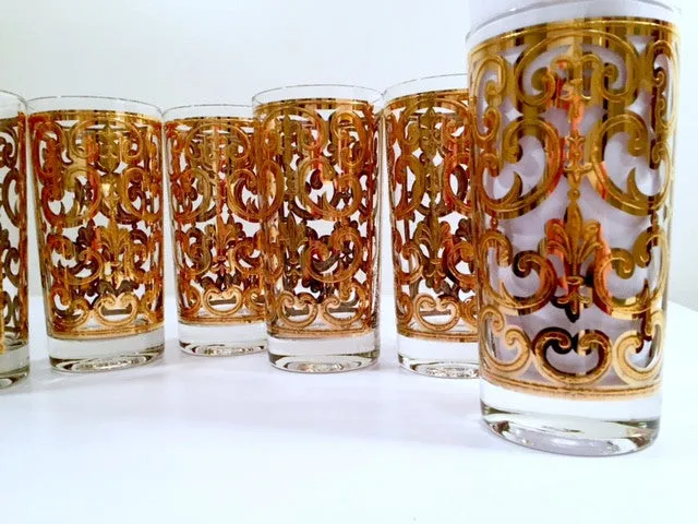 Georges Briard - Signed Mid-Century 22-Karat Gold Fleur-De-Lis Highball Glasses (Set of 6)