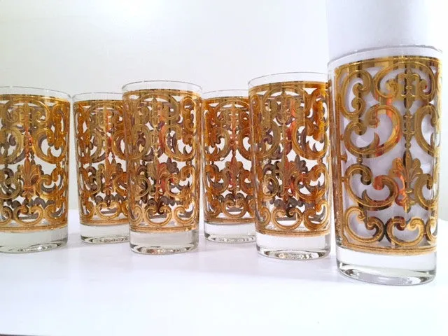 Georges Briard - Signed Mid-Century 22-Karat Gold Fleur-De-Lis Highball Glasses (Set of 6)