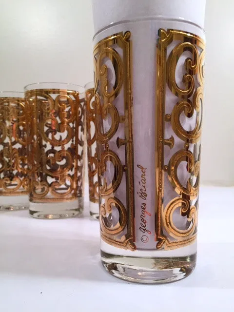 Georges Briard - Signed Mid-Century 22-Karat Gold Fleur-De-Lis Highball Glasses (Set of 6)