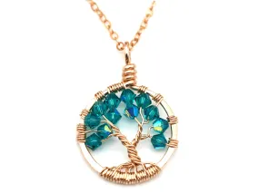 Gold Blue Zircon Tree of Life Crystal Necklace (December)