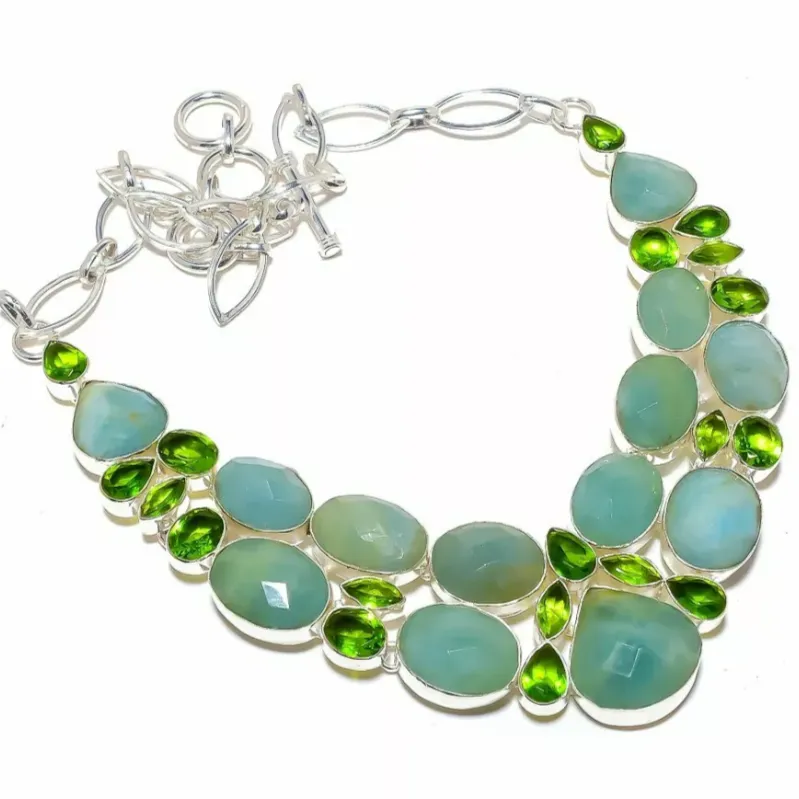 Green Aquamarine & Peridot Gemstones Sterling Silver Statement Necklace