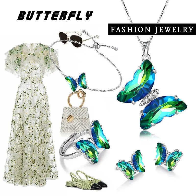 Green Butterfly Jewelry Set 5PCS May Emerald Birthstone Women Girls Birthday Gifts