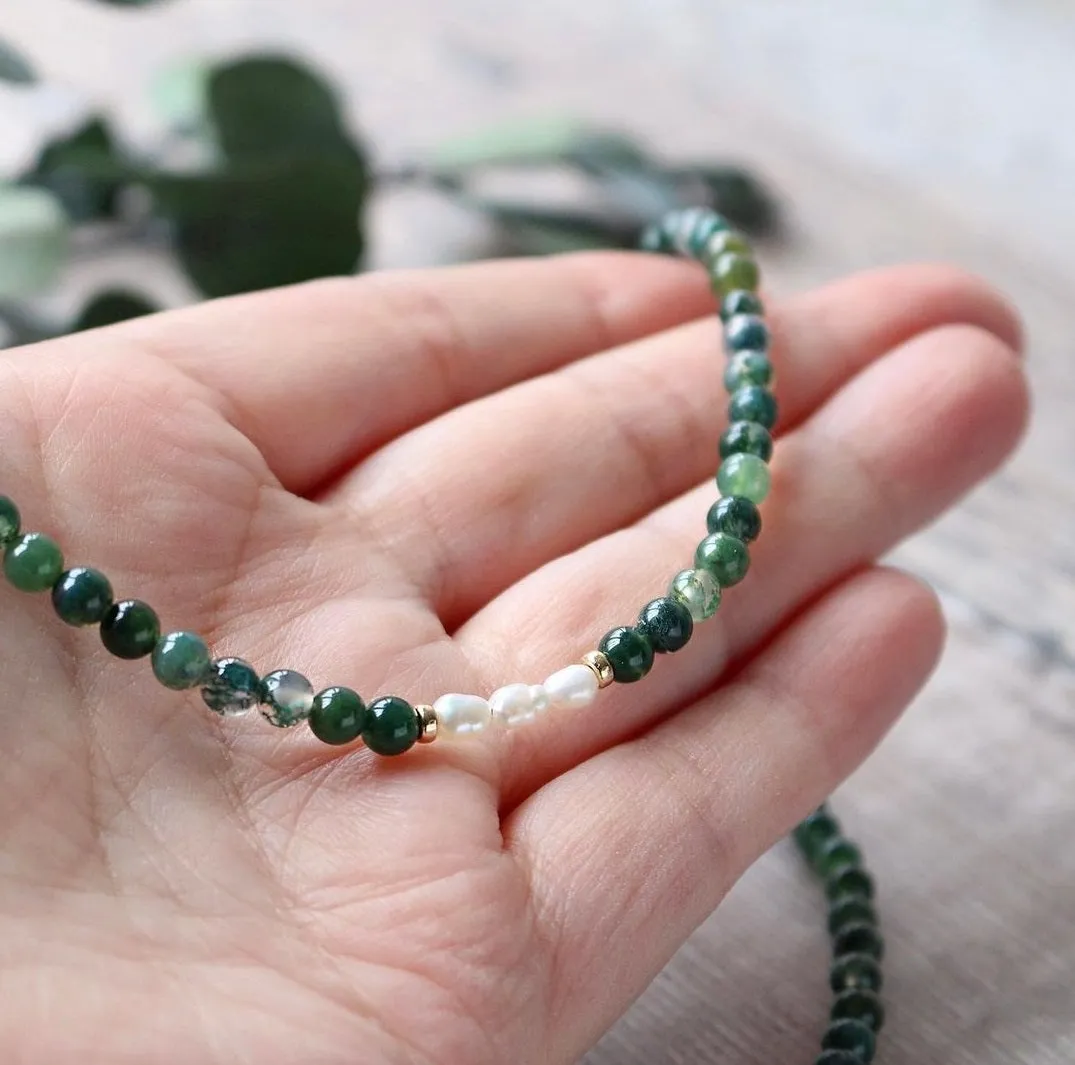 Green Moss Agate and Freshwater Pearl Choker Necklace - June Birthstone