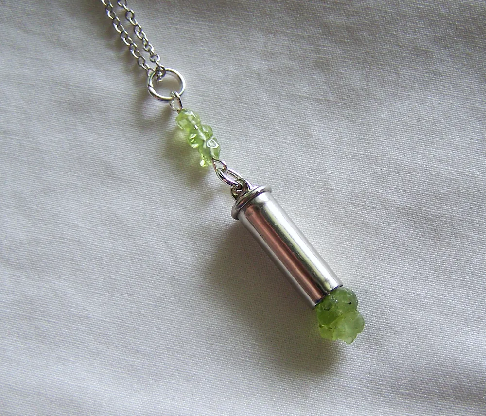 Green Peridot Gemstone Silver Bullet Jewelry Pendant Necklace