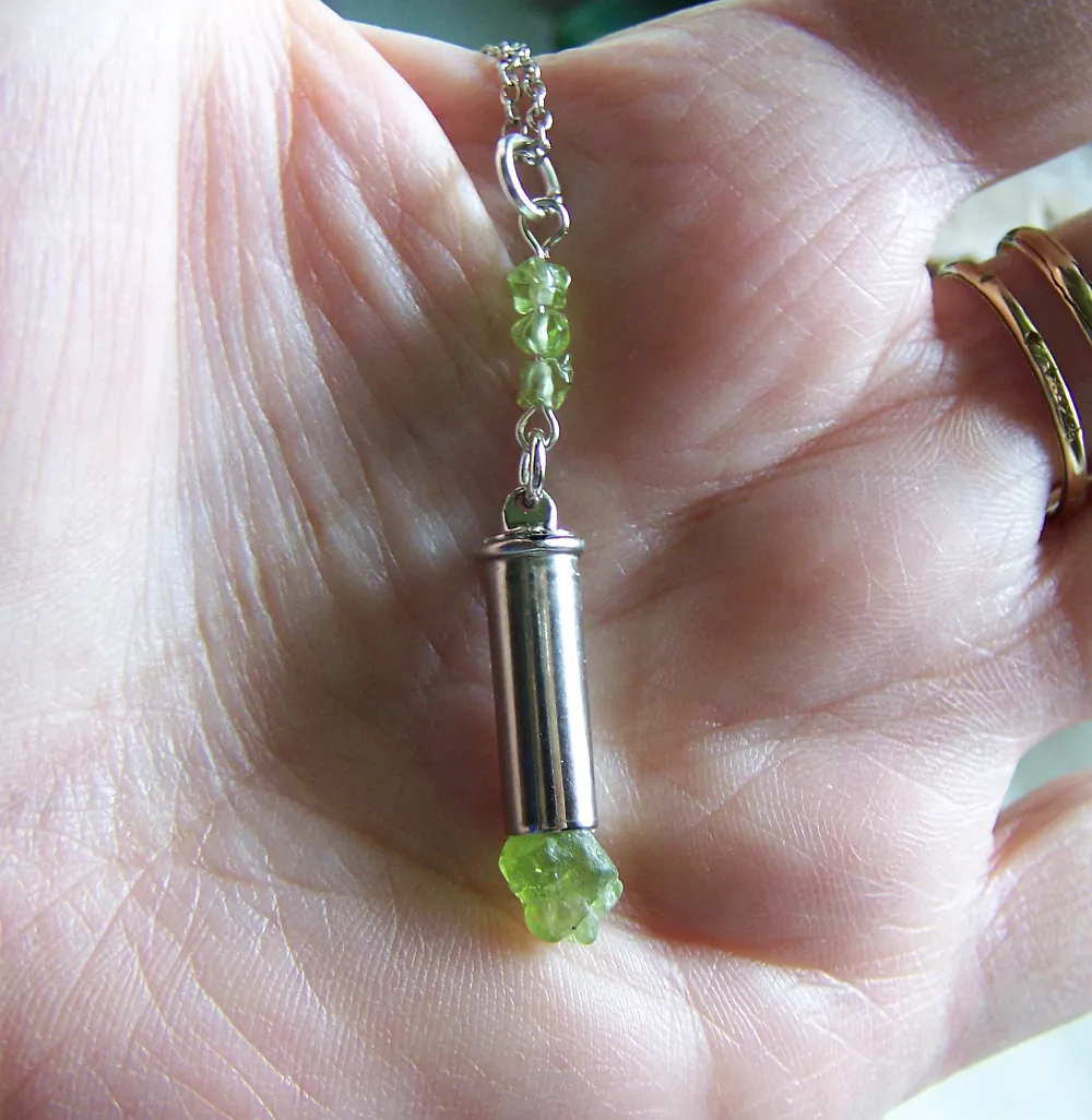 Green Peridot Gemstone Silver Bullet Jewelry Pendant Necklace