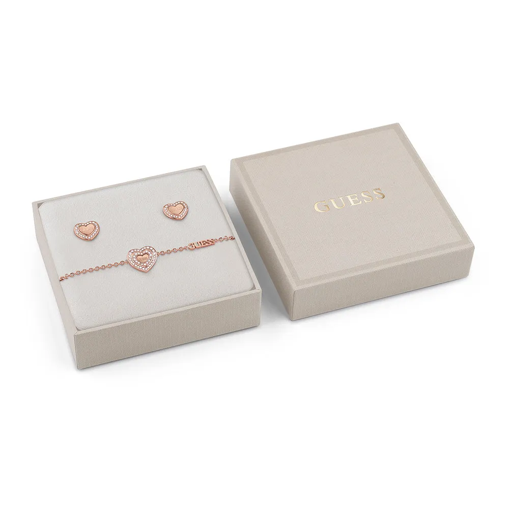 Guess Rose Gold Plated Stainless Steel Crystal Heart Stud And Bracelet Set