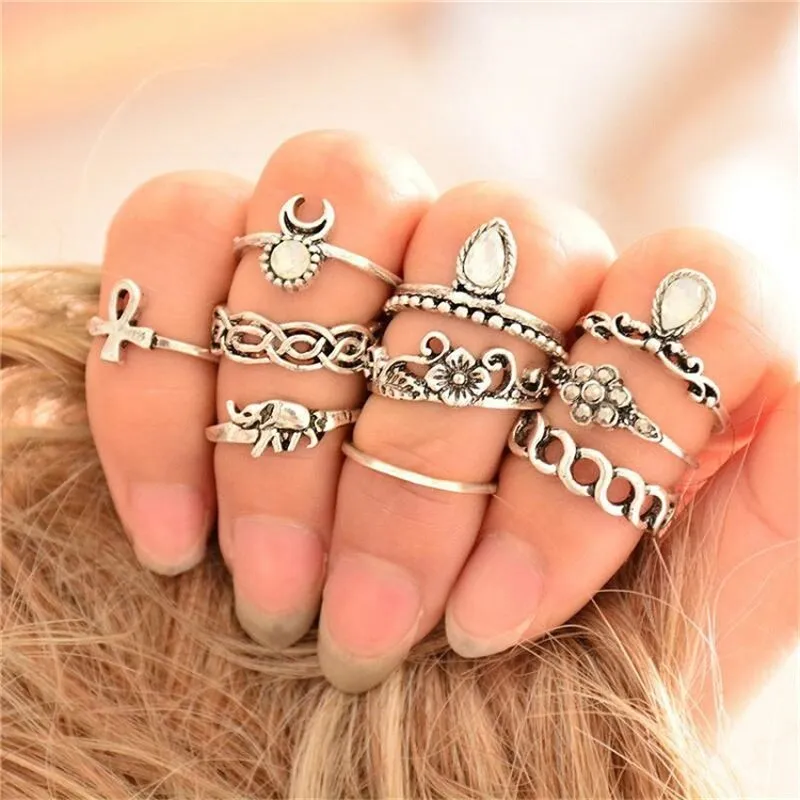 Gypsy Stacking Rings 10 Piece Set Silver White Iridescent Stones Boho Bohemian Every Finger Rings Ankh Elephant Waxing Moon Assorted Sizes