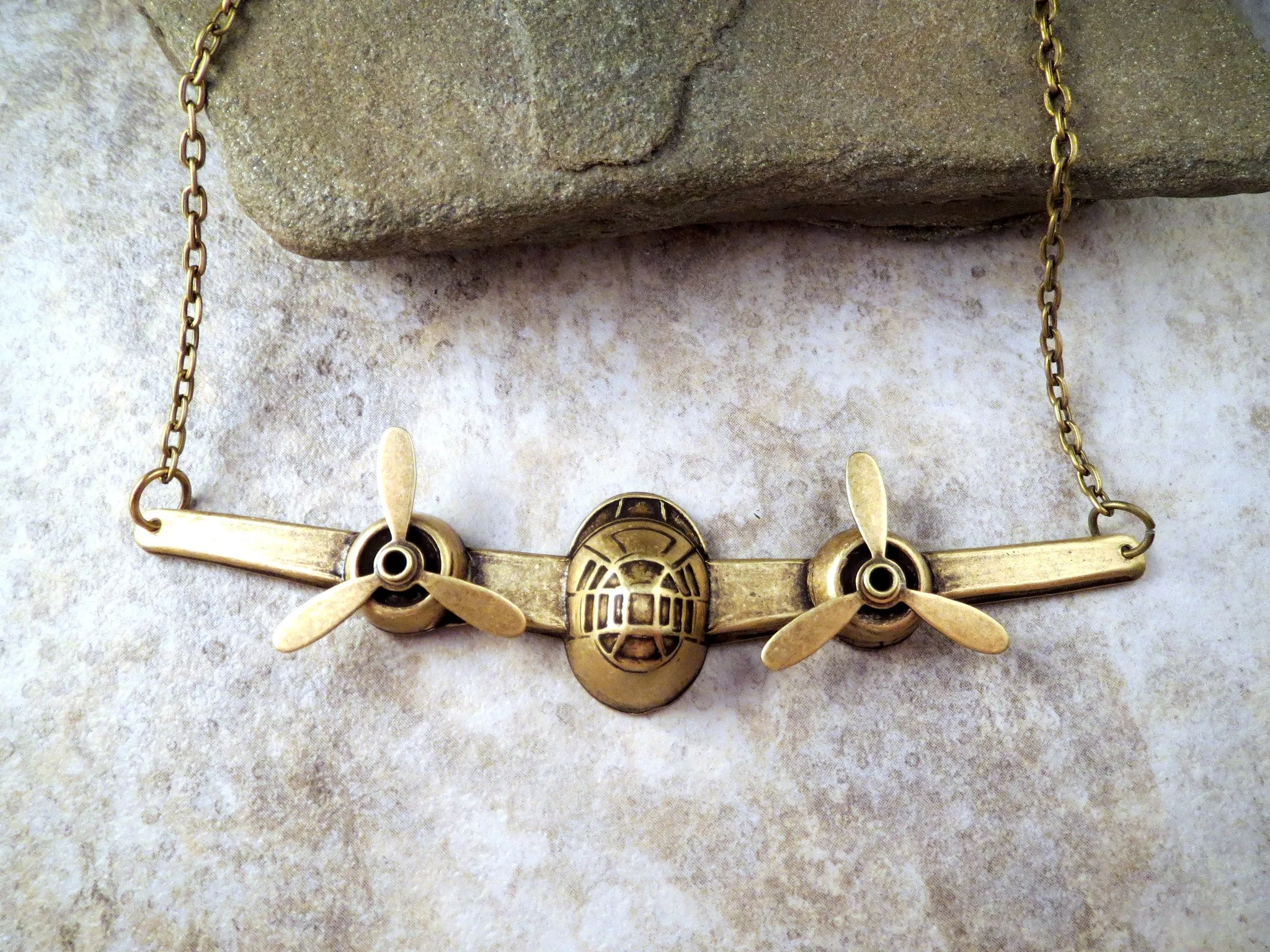 Handmade Steampunk Oxidized Brass Airplane Necklace With Propellers