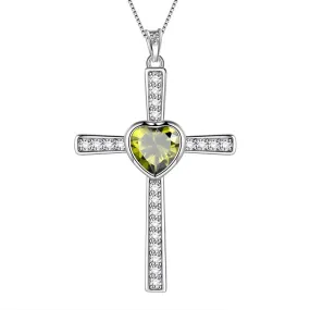 Heart Birthstone August Peridot Cross Necklace Pendant Women Girls Jewelry Birthday Gift