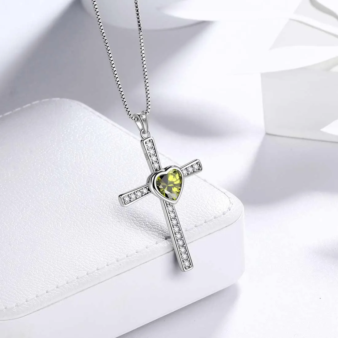 Heart Birthstone August Peridot Cross Necklace Pendant Women Girls Jewelry Birthday Gift