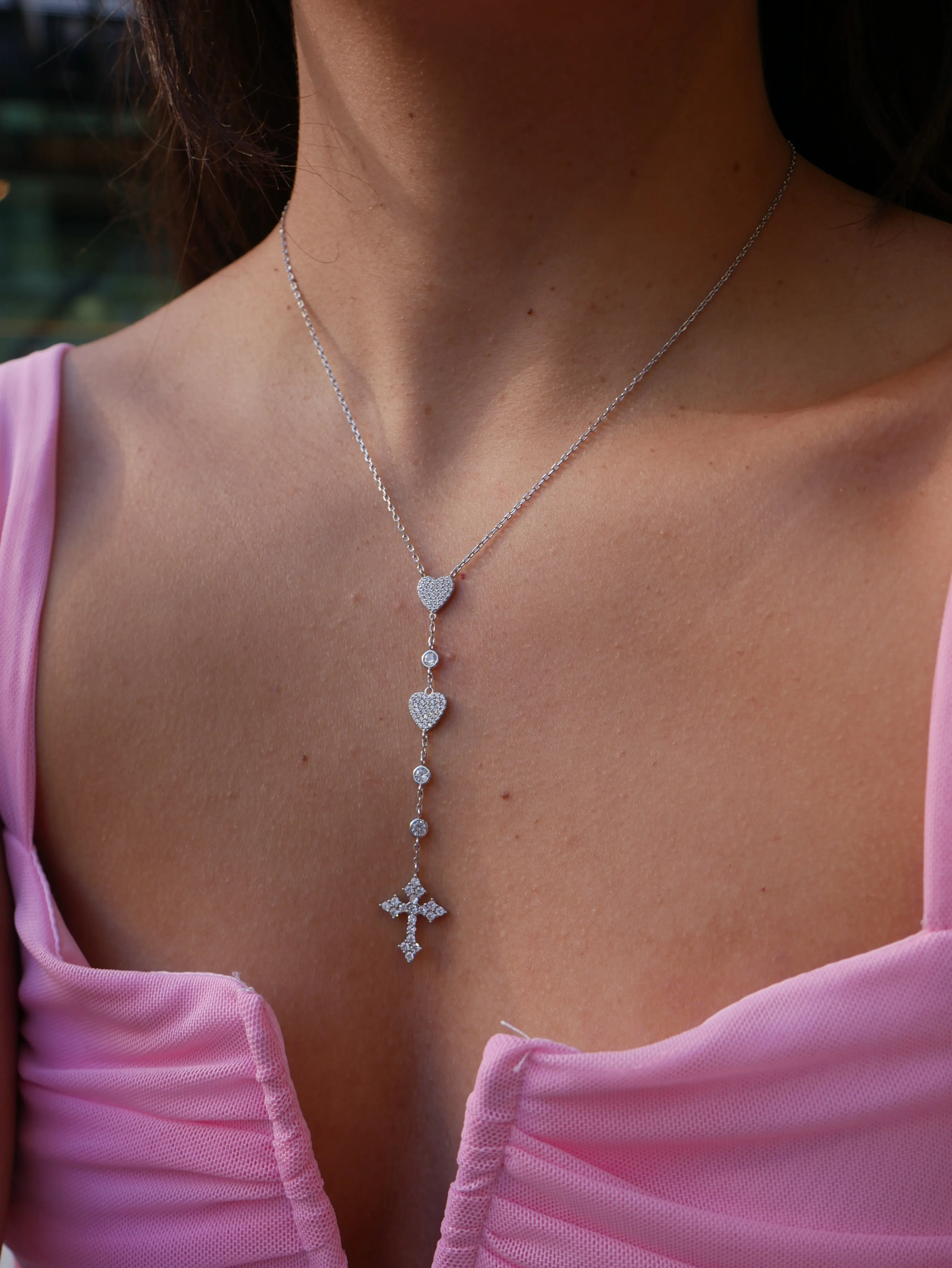 Hearts & Cross Y Lariat Necklace 925 Sterling Silver Pave Diamond CZ Waterproof Everyday Necklace