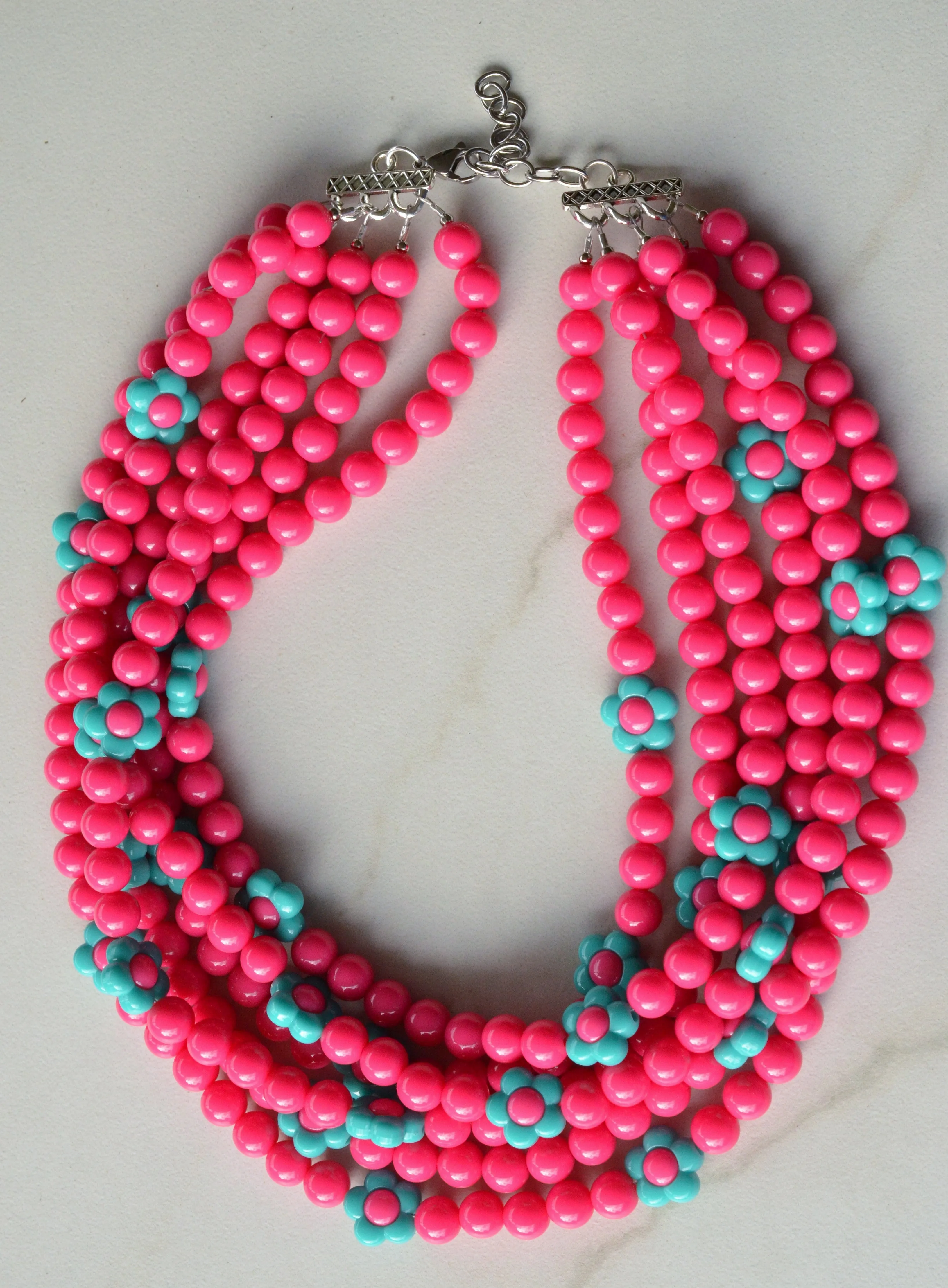 Hot Pink Turquoise Flower Bead Acrylic Chunky Statement Necklace - Marcia