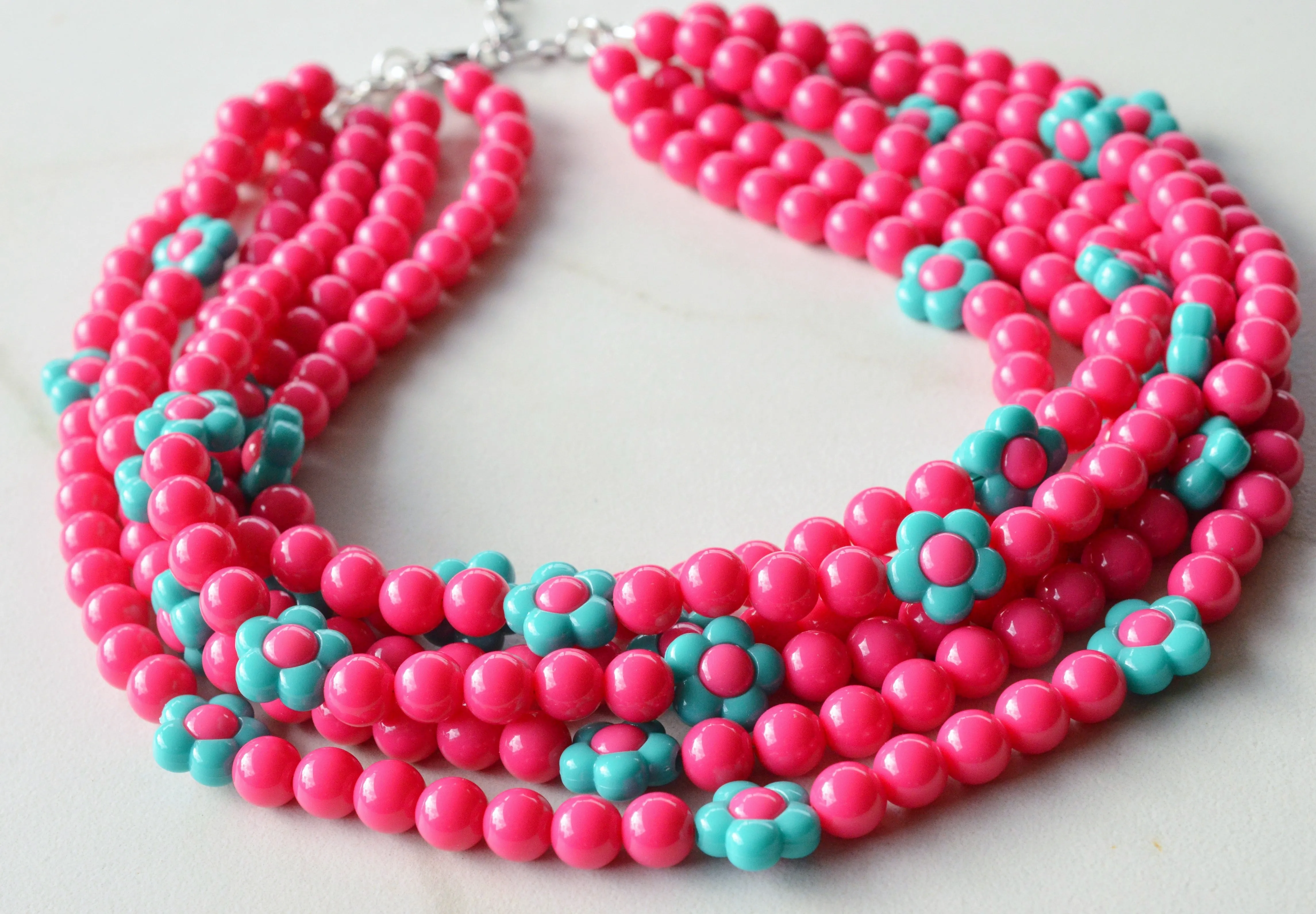 Hot Pink Turquoise Flower Bead Acrylic Chunky Statement Necklace - Marcia