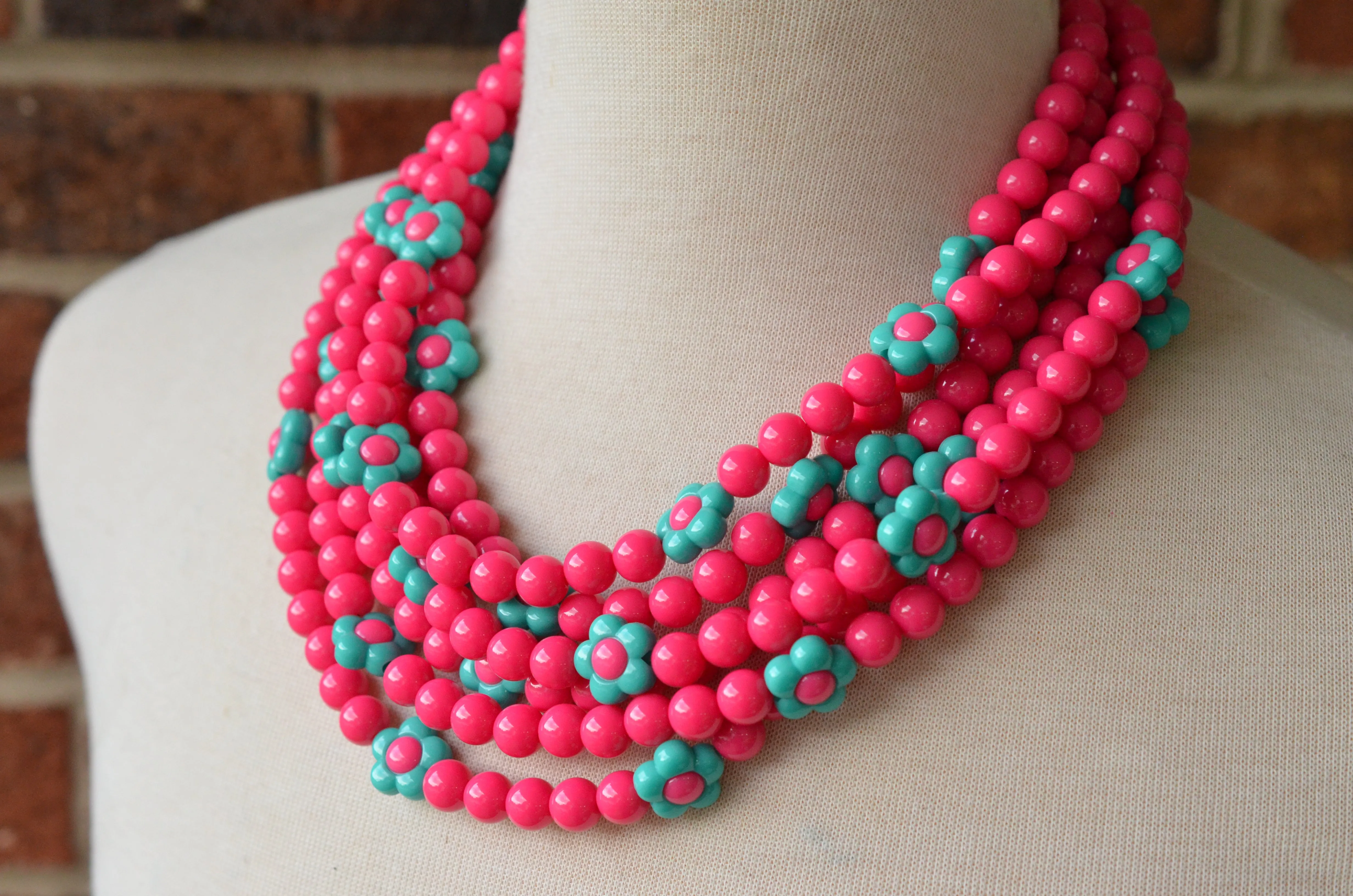 Hot Pink Turquoise Flower Bead Acrylic Chunky Statement Necklace - Marcia