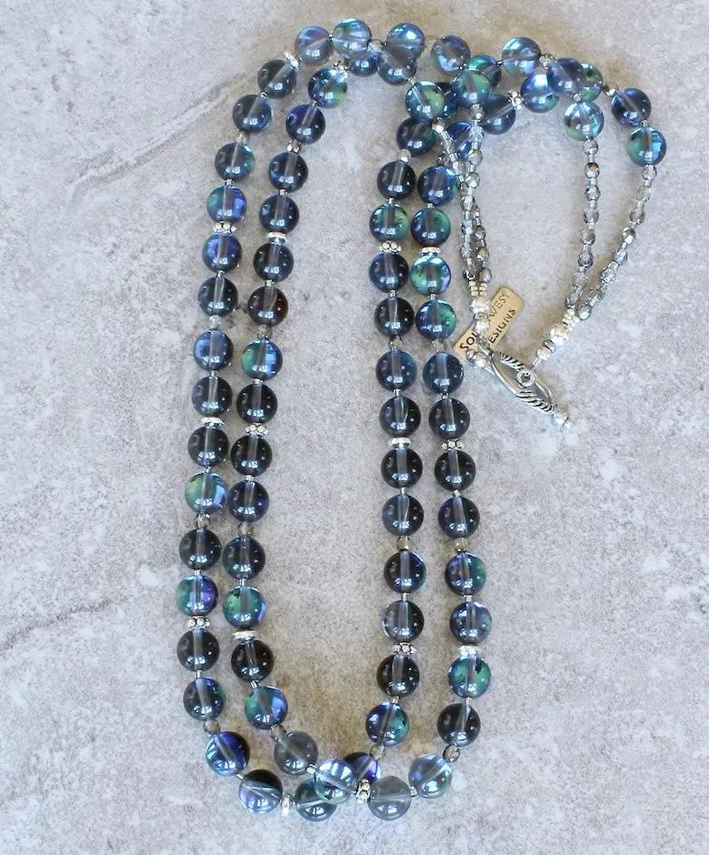 Iridescent Blue Glass Rounds 2-Strand Necklace with Czech Fire Polished Glass and Sterling Silver Beads & Toggle Clasp