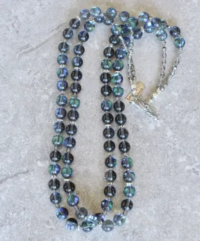 Iridescent Blue Glass Rounds 2-Strand Necklace with Czech Fire Polished Glass and Sterling Silver Beads & Toggle Clasp