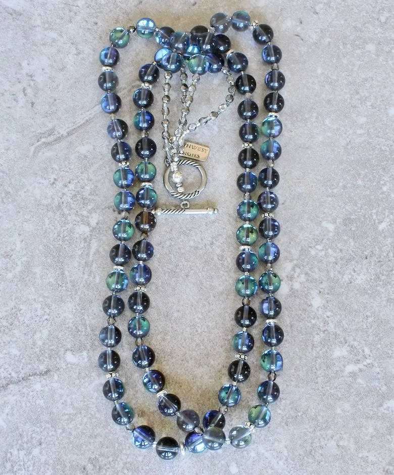 Iridescent Blue Glass Rounds 2-Strand Necklace with Czech Fire Polished Glass and Sterling Silver Beads & Toggle Clasp