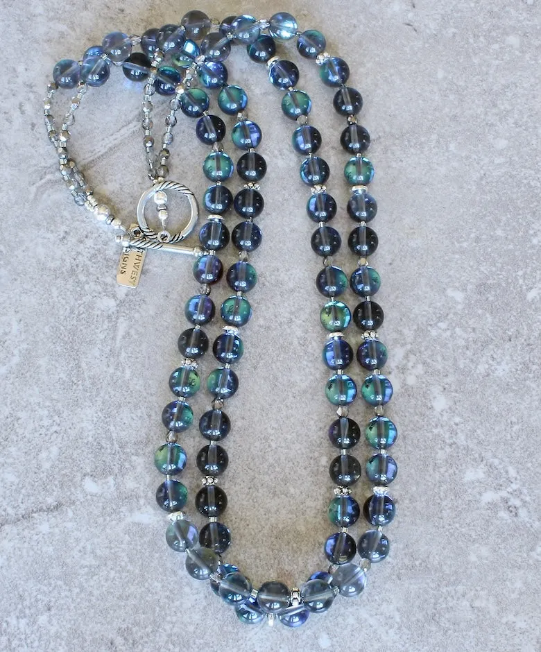 Iridescent Blue Glass Rounds 2-Strand Necklace with Czech Fire Polished Glass and Sterling Silver Beads & Toggle Clasp