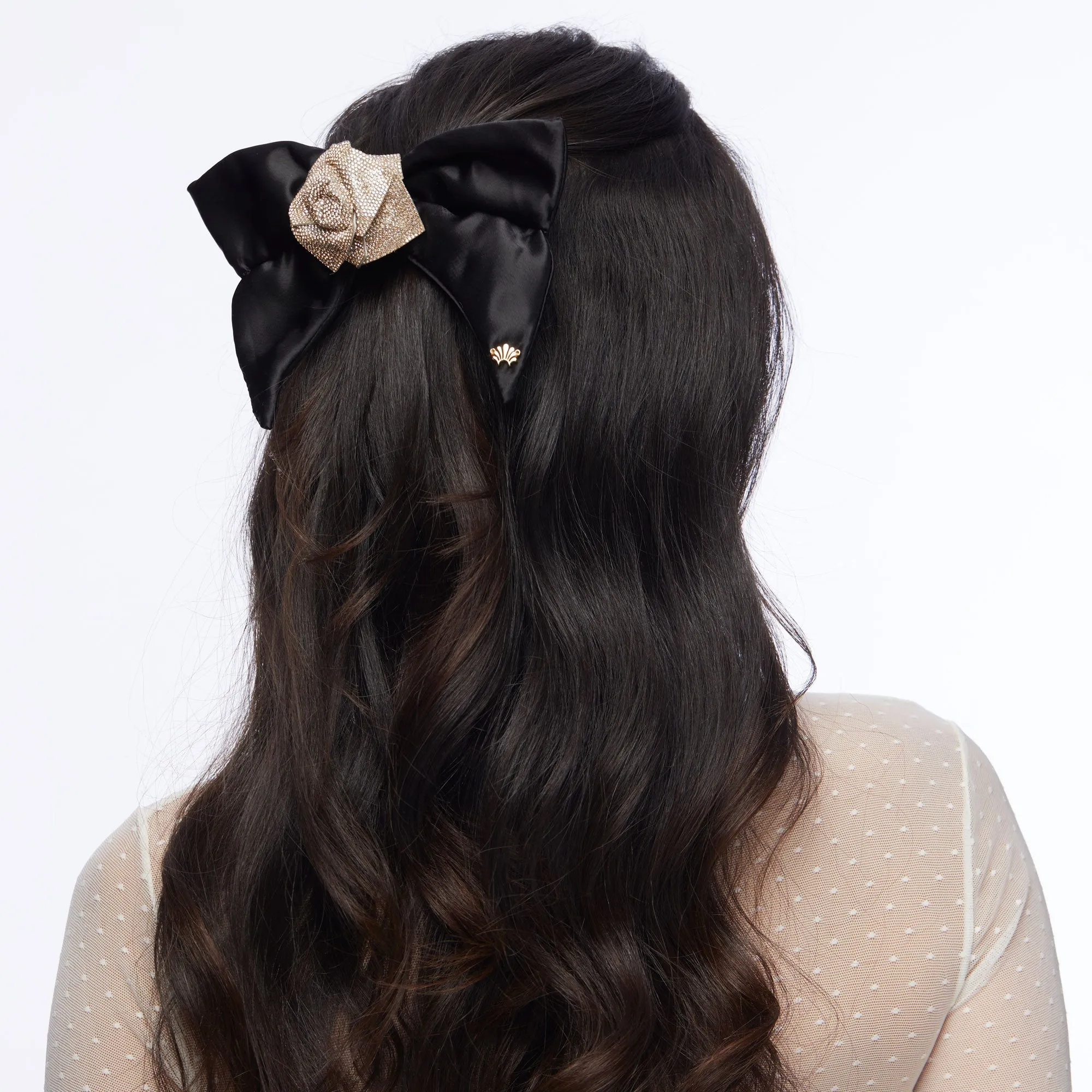 JET CRYSTAL PAVE ROSE BOW BARRETTE