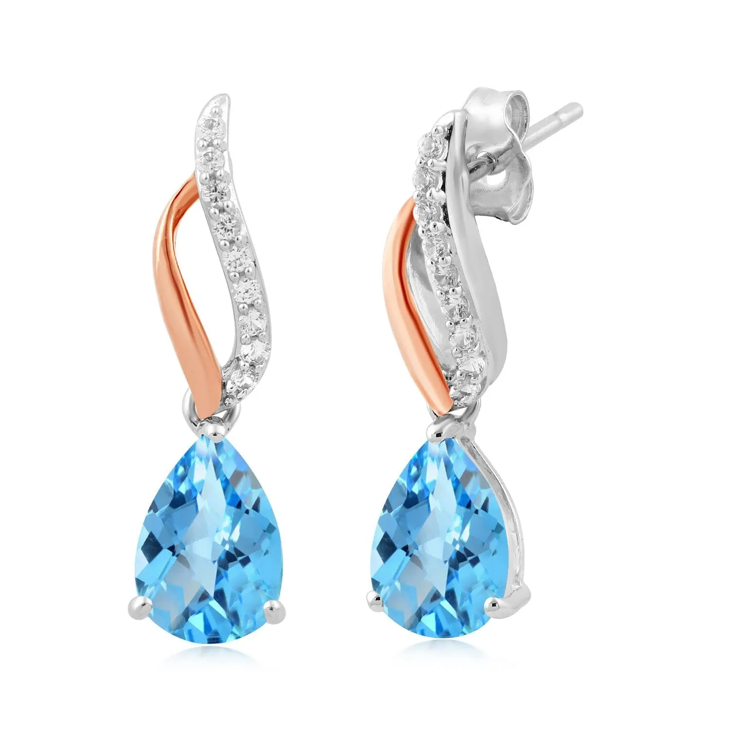 Jewelili Rose Gold Over Sterling Silver With Swiss Blue Topaz and Created White Sapphire Teardrop Drop Earrings