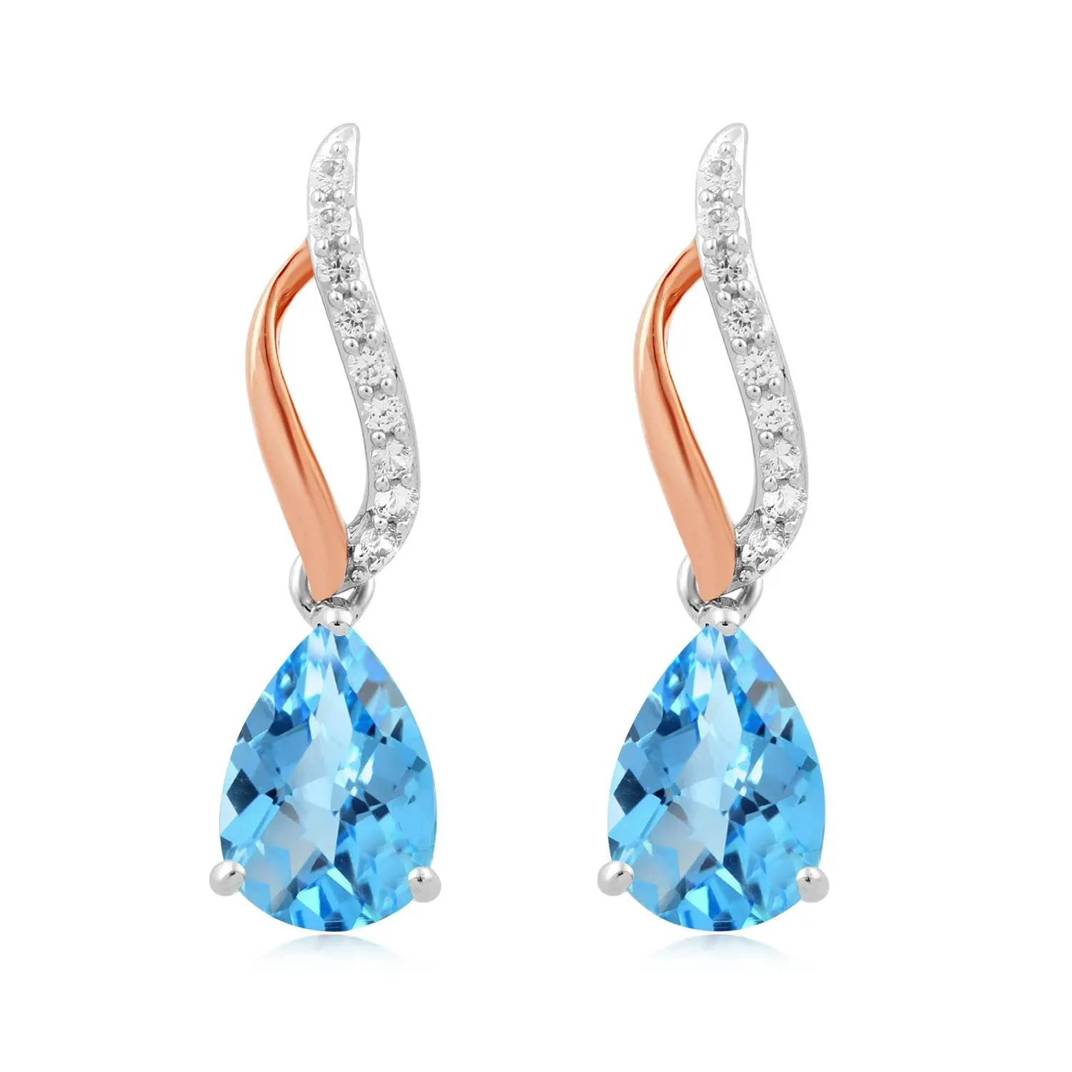 Jewelili Rose Gold Over Sterling Silver With Swiss Blue Topaz and Created White Sapphire Teardrop Drop Earrings