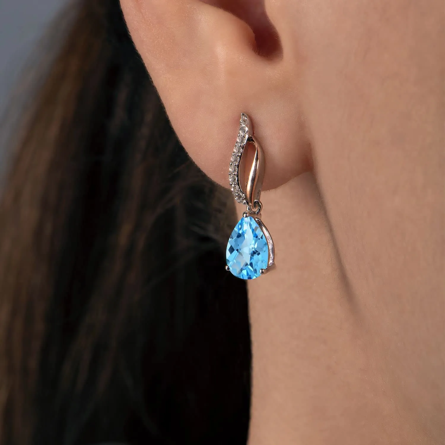 Jewelili Rose Gold Over Sterling Silver With Swiss Blue Topaz and Created White Sapphire Teardrop Drop Earrings